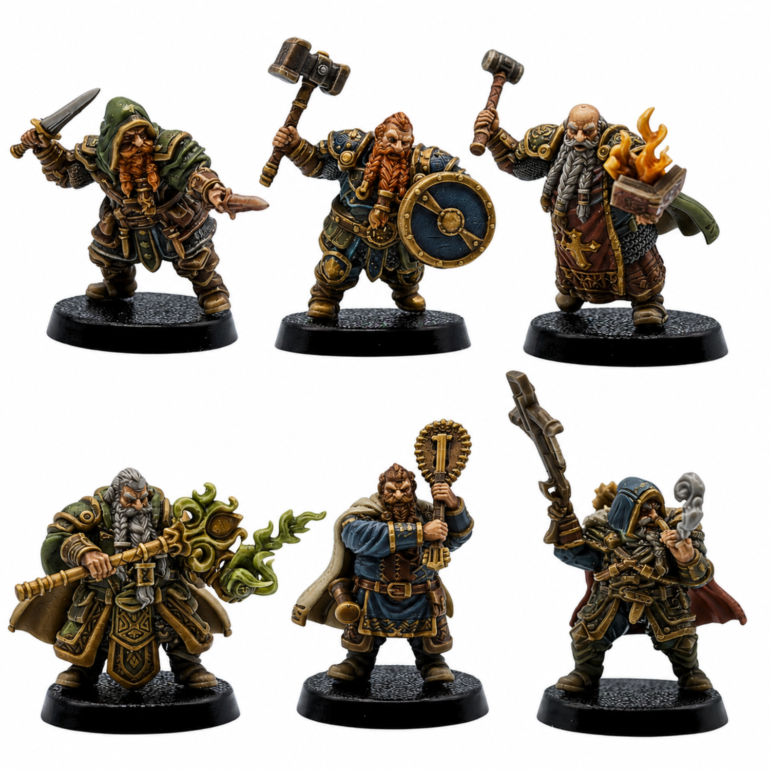 Painted example of six Dwarf Adventurer fantasy tabletop miniatures by Forged Path Miniatures including warrior, ranger, rogue, bard, cleric, and mage.