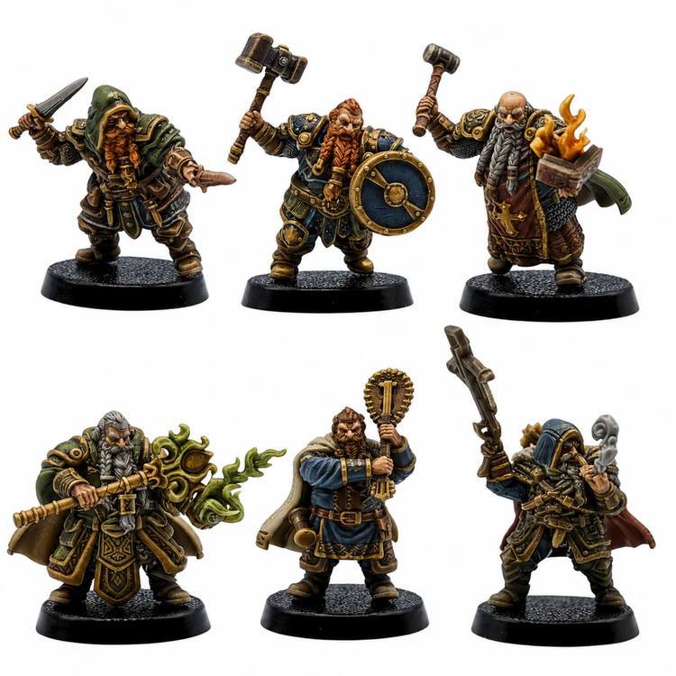 Painted example of six Dwarf Adventurer fantasy tabletop miniatures by Forged Path Miniatures including warrior, ranger, rogue, bard, cleric, and mage.
