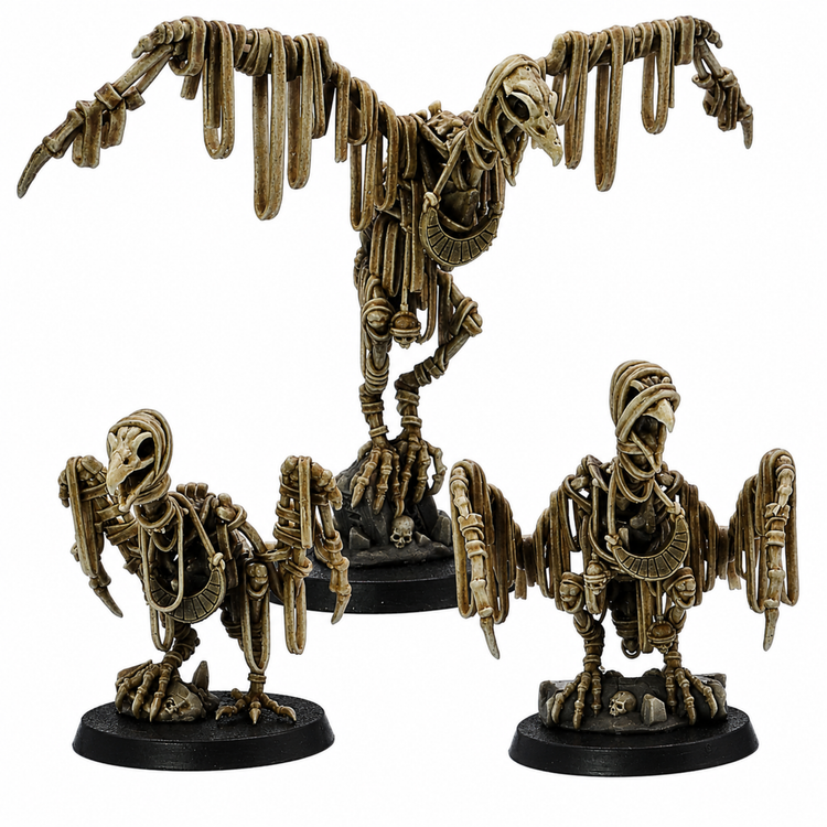 Painted Egyptian Vulture miniature set of three by Highlands Miniatures, showing skeletal bird creatures with wrapped details and ancient ornaments.
