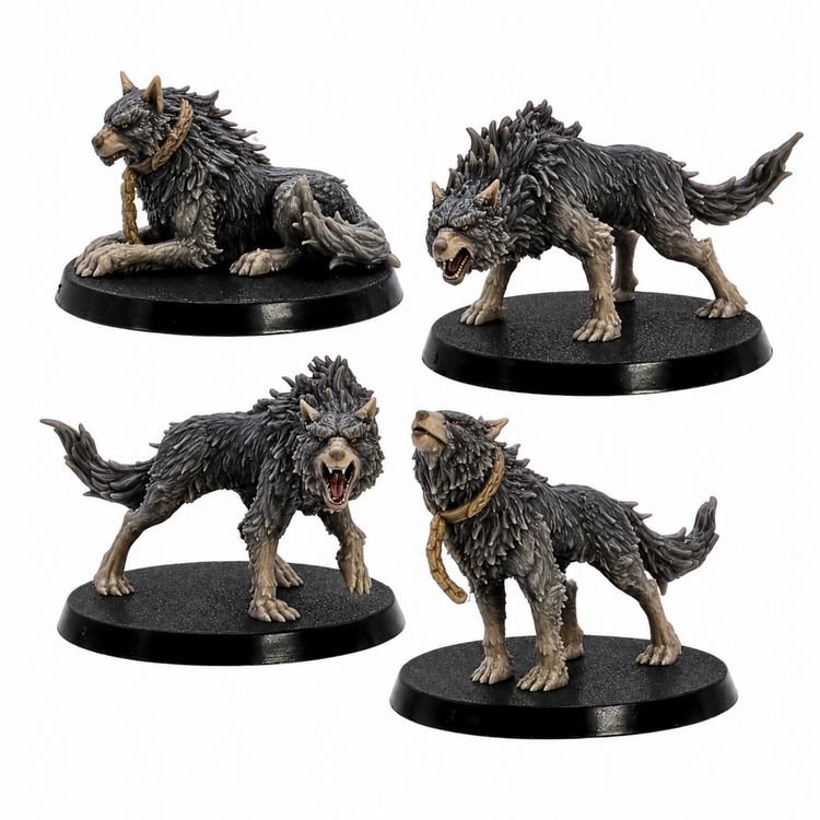 Painted example of four Fenrir wolf fantasy miniatures by Epic Miniatures on 50mm round bases.