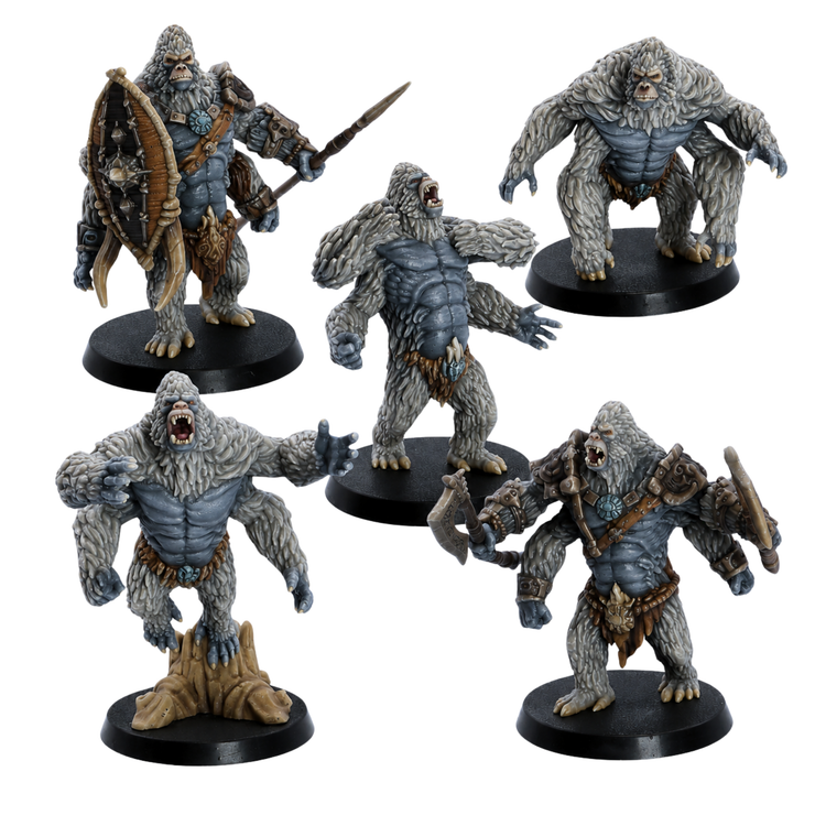 Painted Girallon miniatures set by Epic Miniatures featuring five four-armed ape monsters in different fantasy poses.