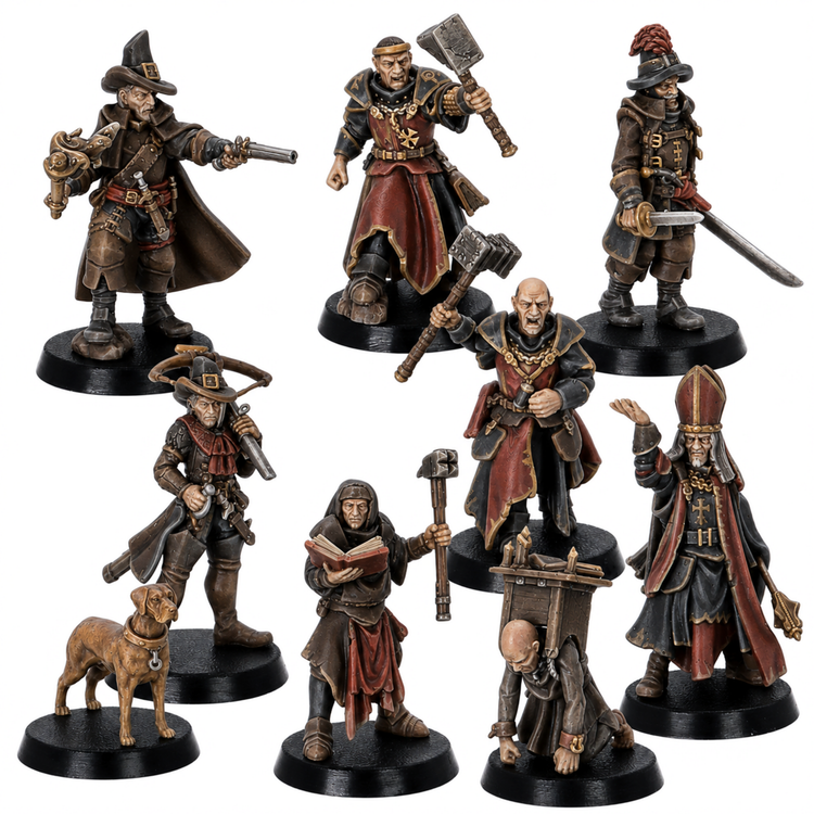 Painted Inquisitor Band full set by Highlands Miniatures showing witch hunters, warrior priests, high inquisitor, attendant, and hound.