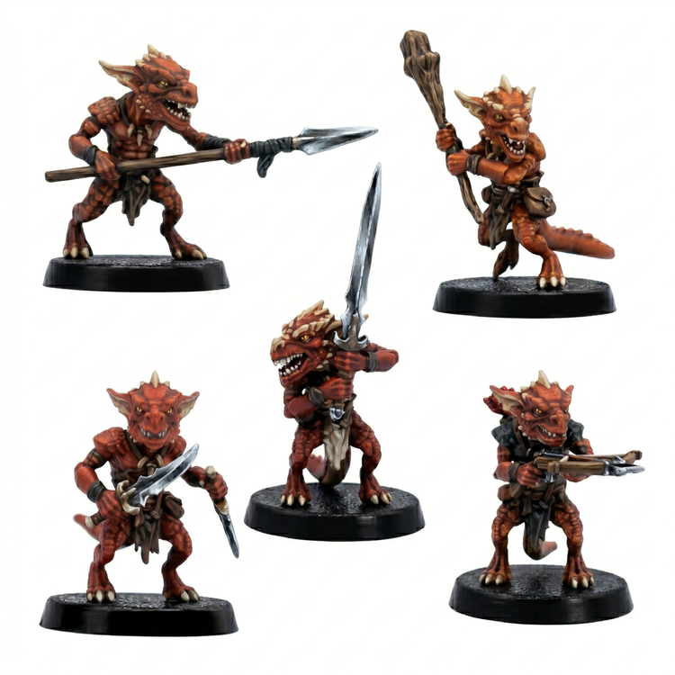 Painted example of five Kobold fantasy tabletop miniatures by Forged Path Miniatures for roleplaying games and wargaming encounters.