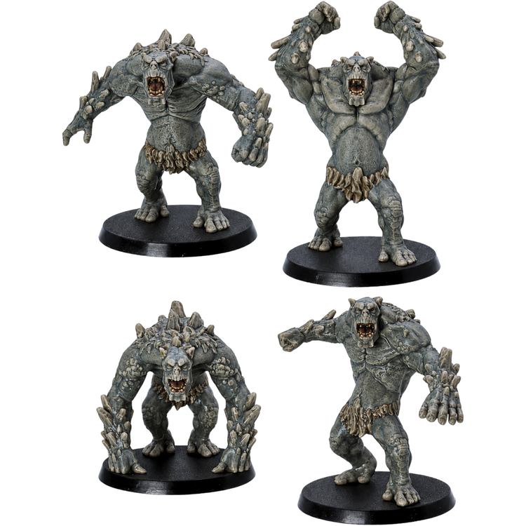 Painted Mountain Trolls set by Epic Miniatures showing four 28mm fantasy troll miniatures on 50mm round bases.