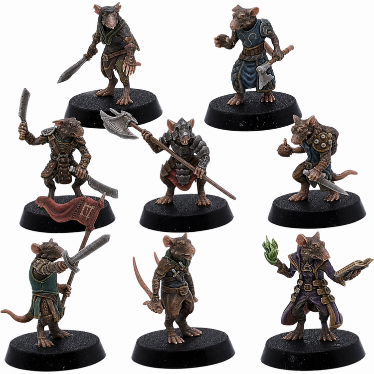 Painted Rat Warriors set of 8 by Epic Miniatures showing armed fantasy Ratmen with swords, axes, polearms, banners, daggers, armour, and magical equipment.