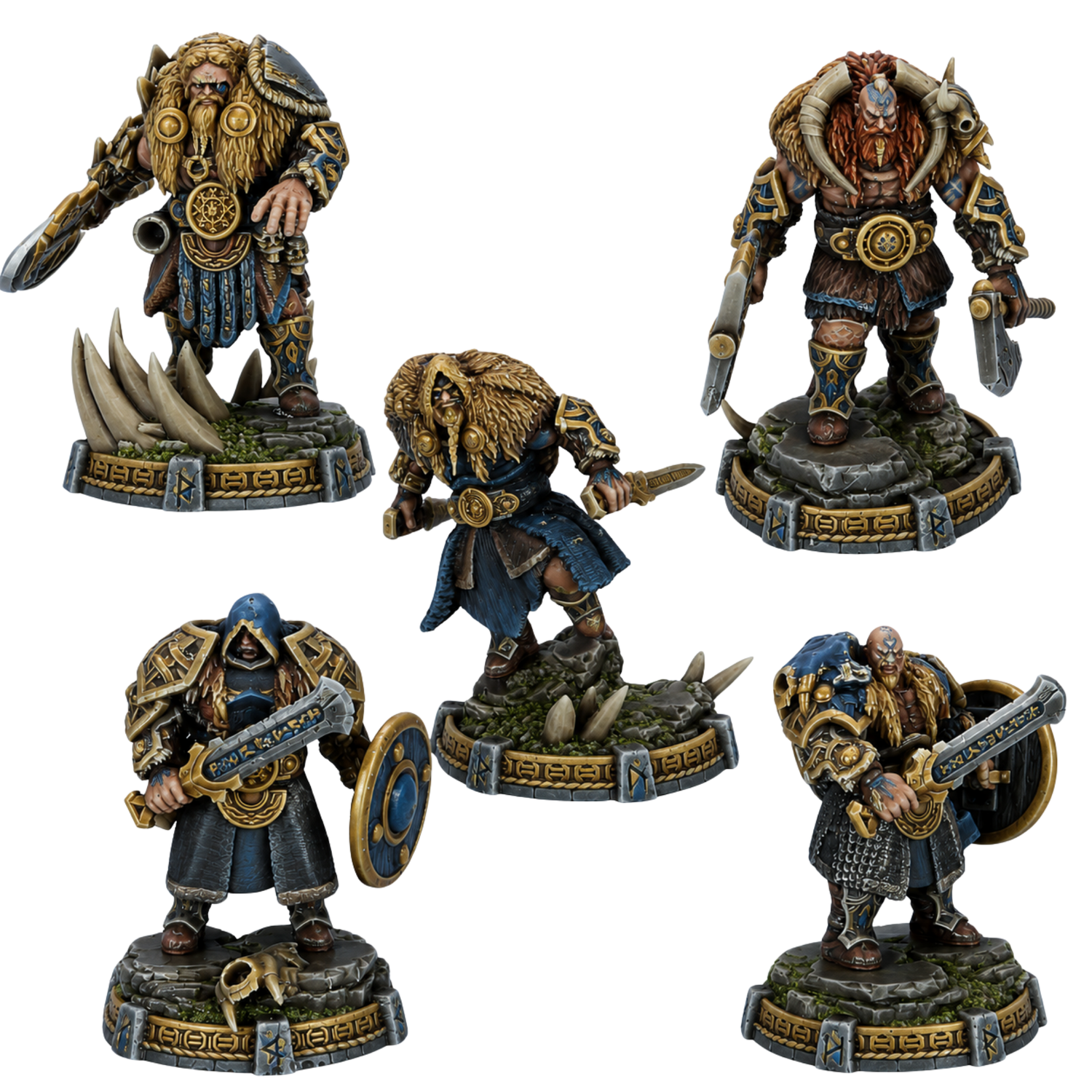 Painted Descendants of Tyr set by Daybreak Miniatures showing five 32mm Norse fantasy warrior miniatures on scenic bases.