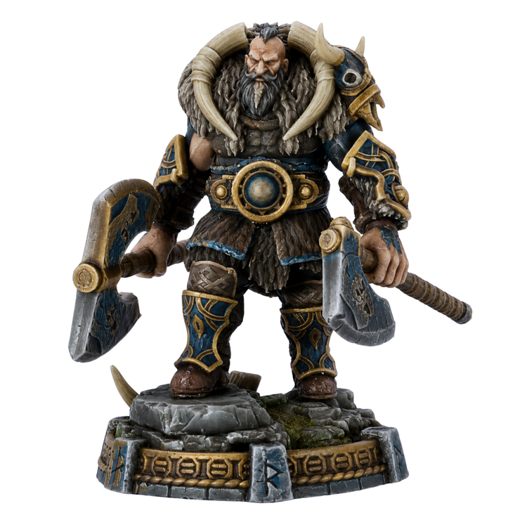 Painted Thane Eboncry miniature by Daybreak Miniatures with twin axes, fur mantle, ornate armour, and scenic rune base.
