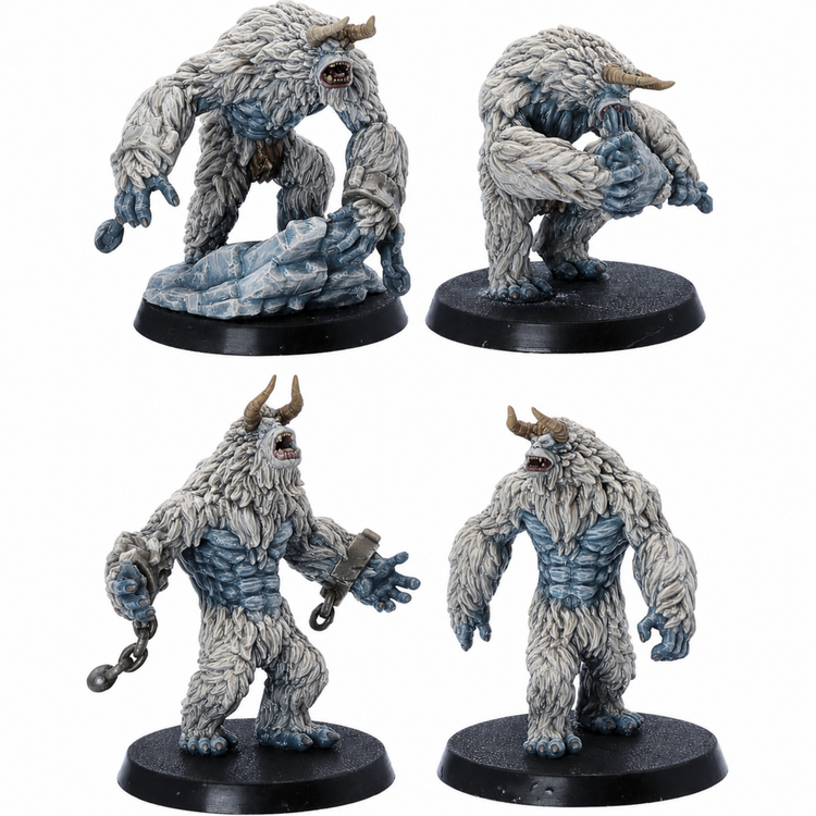 Painted Yeti set by Epic Miniatures showing four 28mm snow monster miniatures on 40mm round bases.