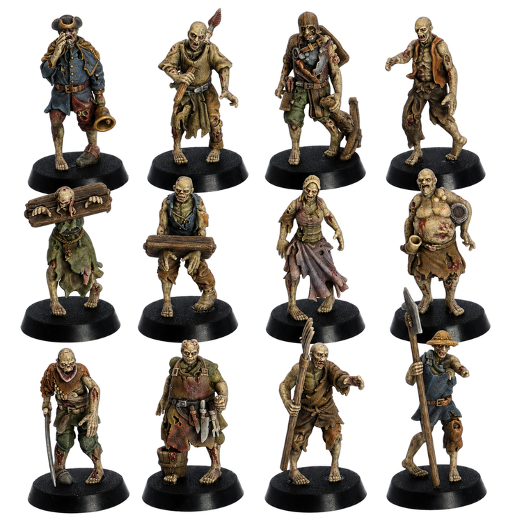 Painted example of twelve Zombie Villager fantasy tabletop miniatures by Highlands Miniatures for undead encounters and horror campaigns.