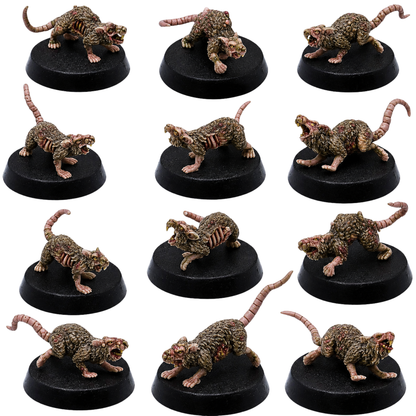 Giant Pox Rats Miniatures Set | 12 Diseased Fantasy Rat Figures | 32mm Scale | Resin Warfare