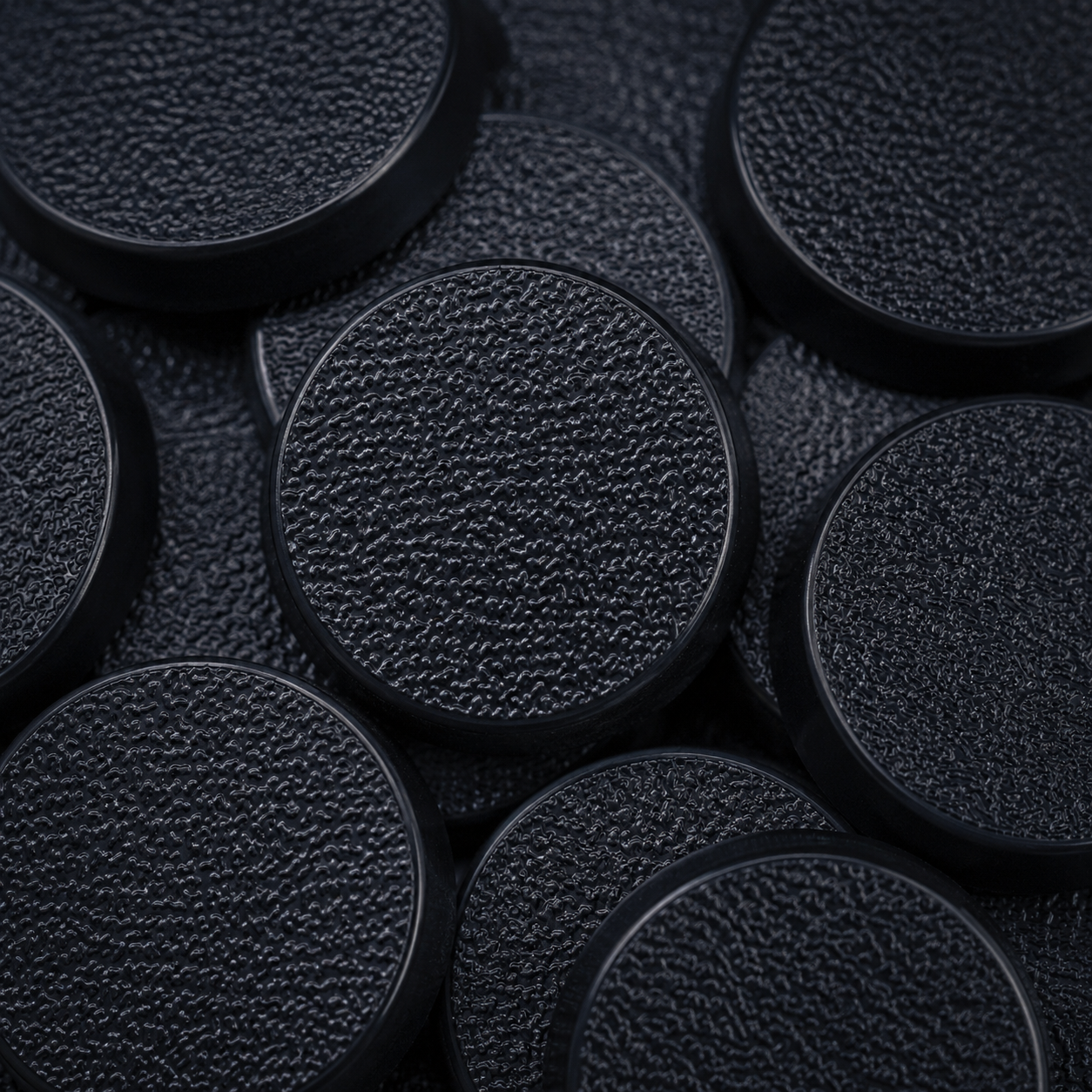 Close-up of black 32mm round plastic miniature bases showing textured top surfaces for tabletop wargaming, RPG miniatures, conversions, and hobby basing projects.