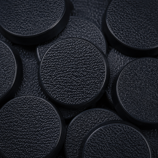 Close-up of black 32mm round plastic miniature bases showing textured top surfaces for tabletop wargaming, RPG miniatures, conversions, and hobby basing projects.