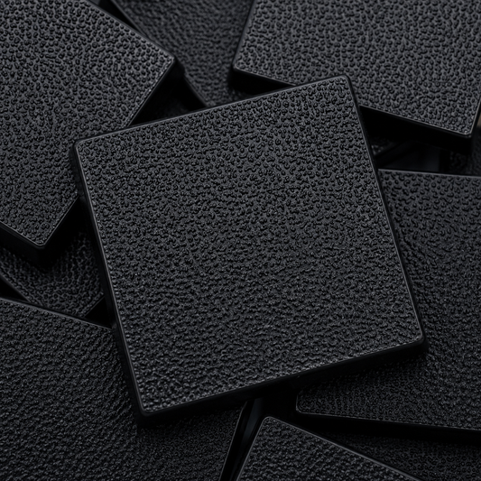 Close-up of black 32mm square plastic miniature bases showing textured top surfaces for tabletop wargaming, RPG figures, rank-and-file units, conversions, and hobby basing projects.
