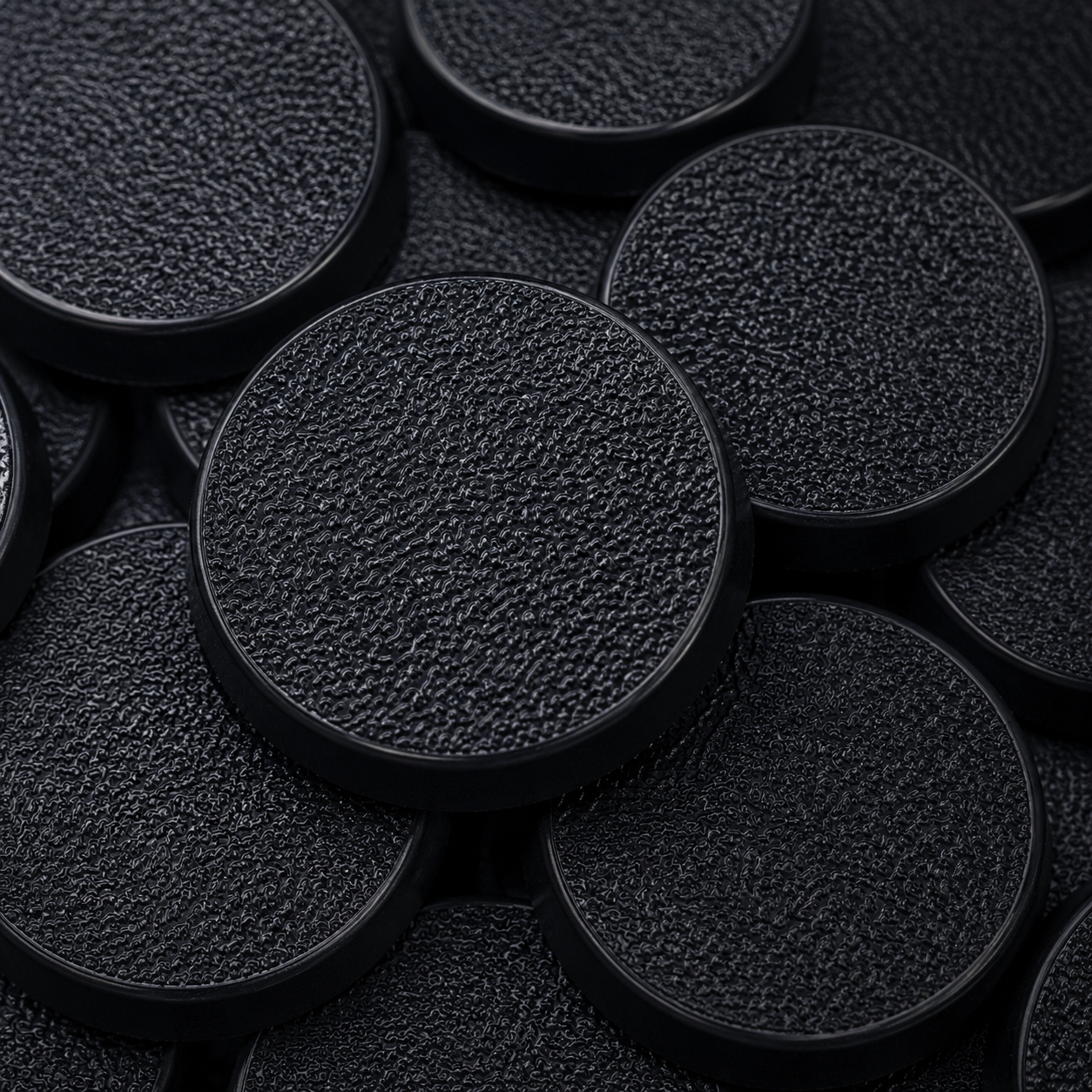 Close-up of black 40mm round plastic miniature bases showing textured top surfaces for tabletop wargaming, RPG miniatures, conversions, and hobby basing projects.