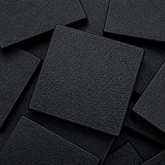 Close-up of black 40mm square plastic miniature bases showing textured top surfaces for tabletop wargaming, RPG monsters, rank-and-file units, conversions, and hobby basing projects.