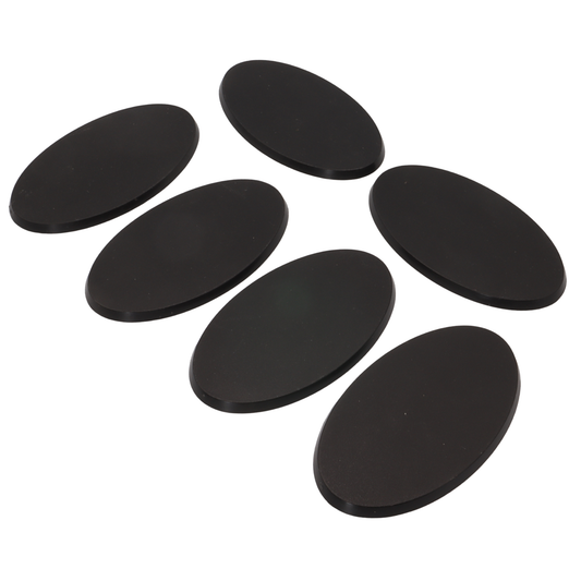 Set of six black oval miniature bases suitable for larger tabletop models and creatures.