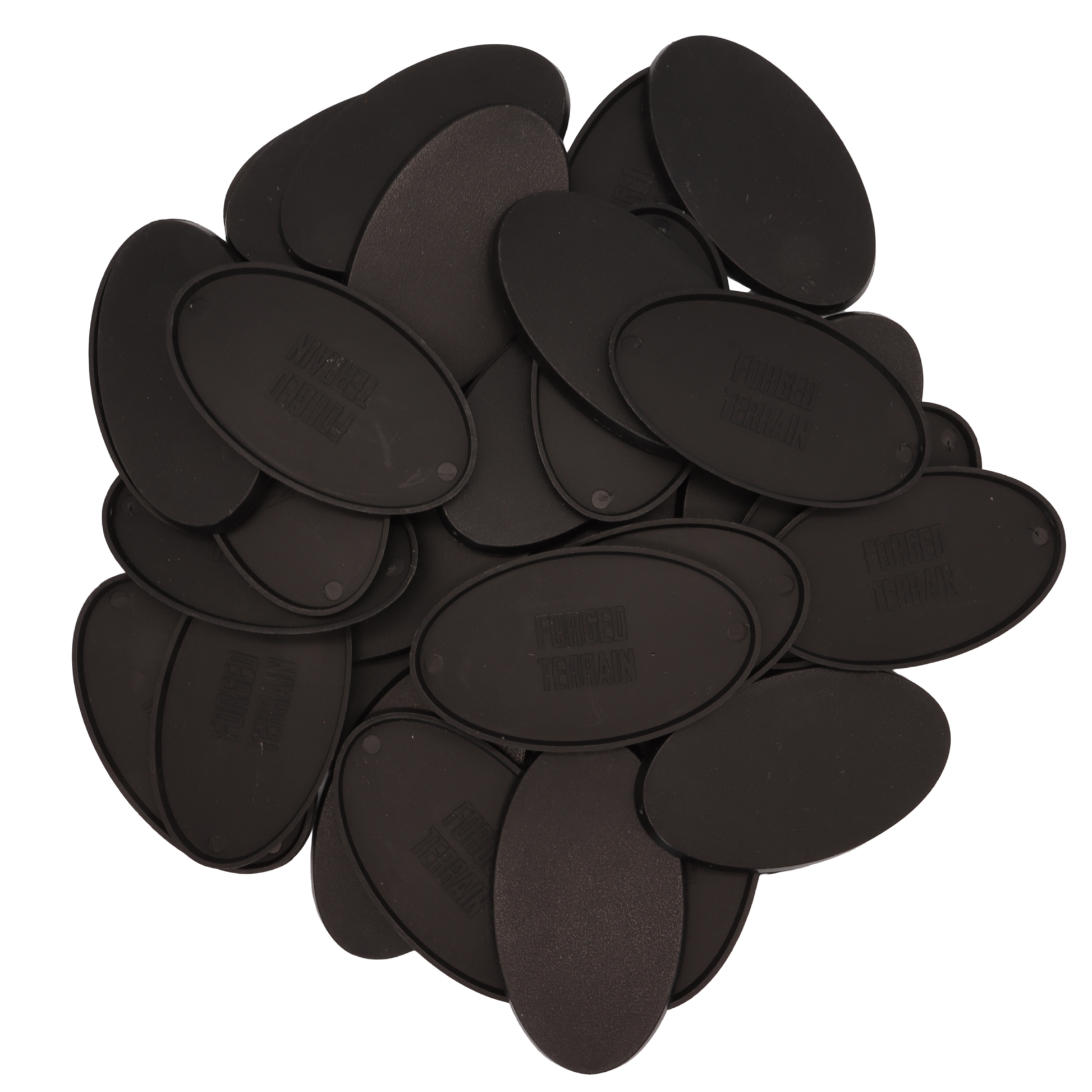 Collection of black 90x52mm oval miniature bases with smooth edges and textured tops.