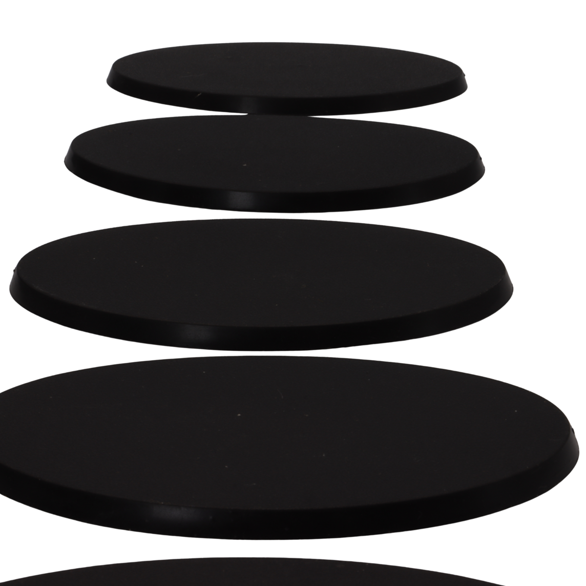 Side profile of black 90x52mm oval bases showing the approximately 4mm base height.