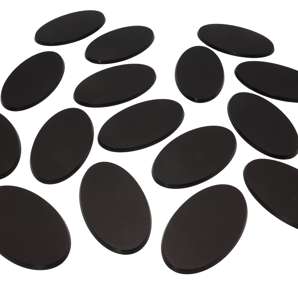 Large pack of black oval miniature bases for tabletop wargaming, RPG and miniature modelling.