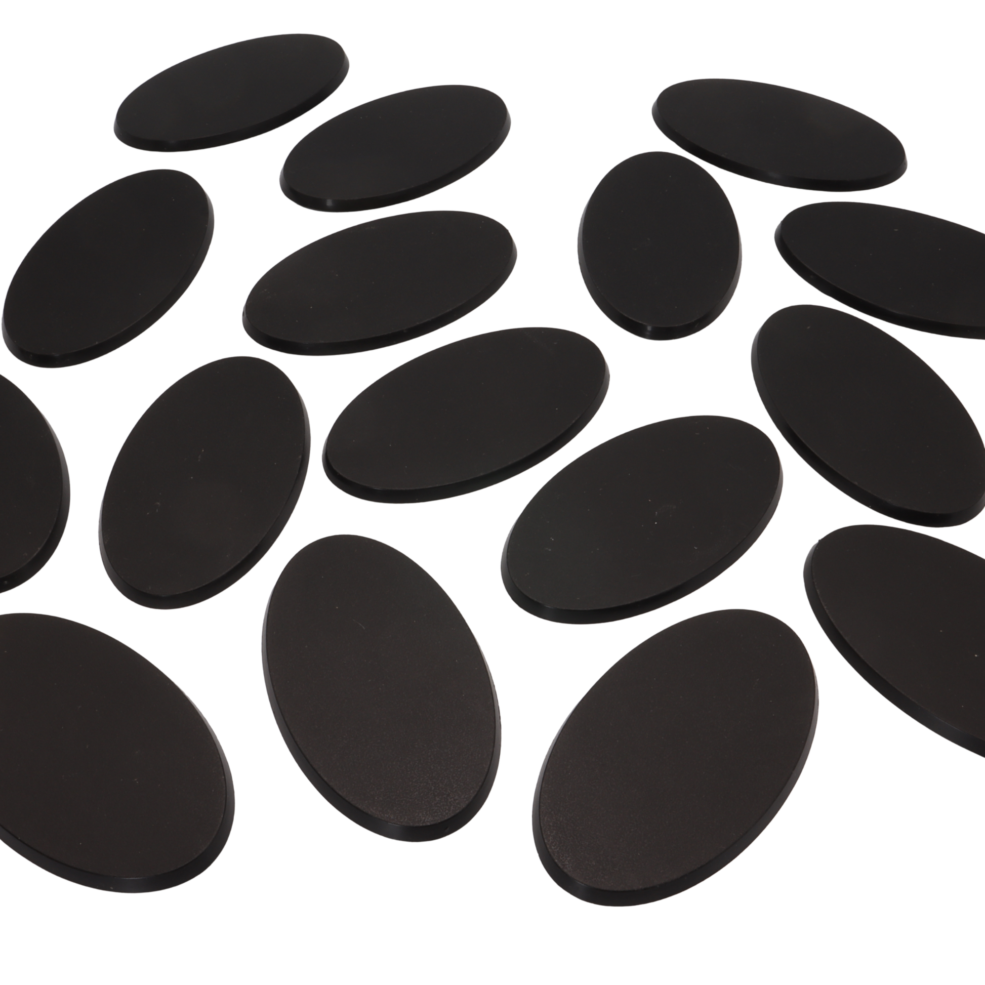 Large pack of black oval miniature bases for tabletop wargaming, RPG and miniature modelling.