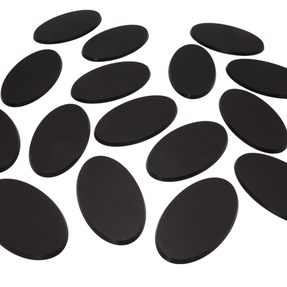 Large pack of black oval miniature bases for tabletop wargaming, RPG and miniature modelling.