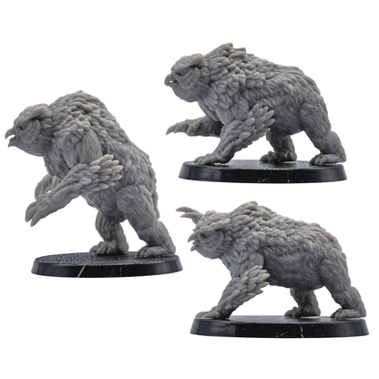 Profile views of three unpainted Owlbear miniatures by Forged Path Miniatures for fantasy tabletop encounters.