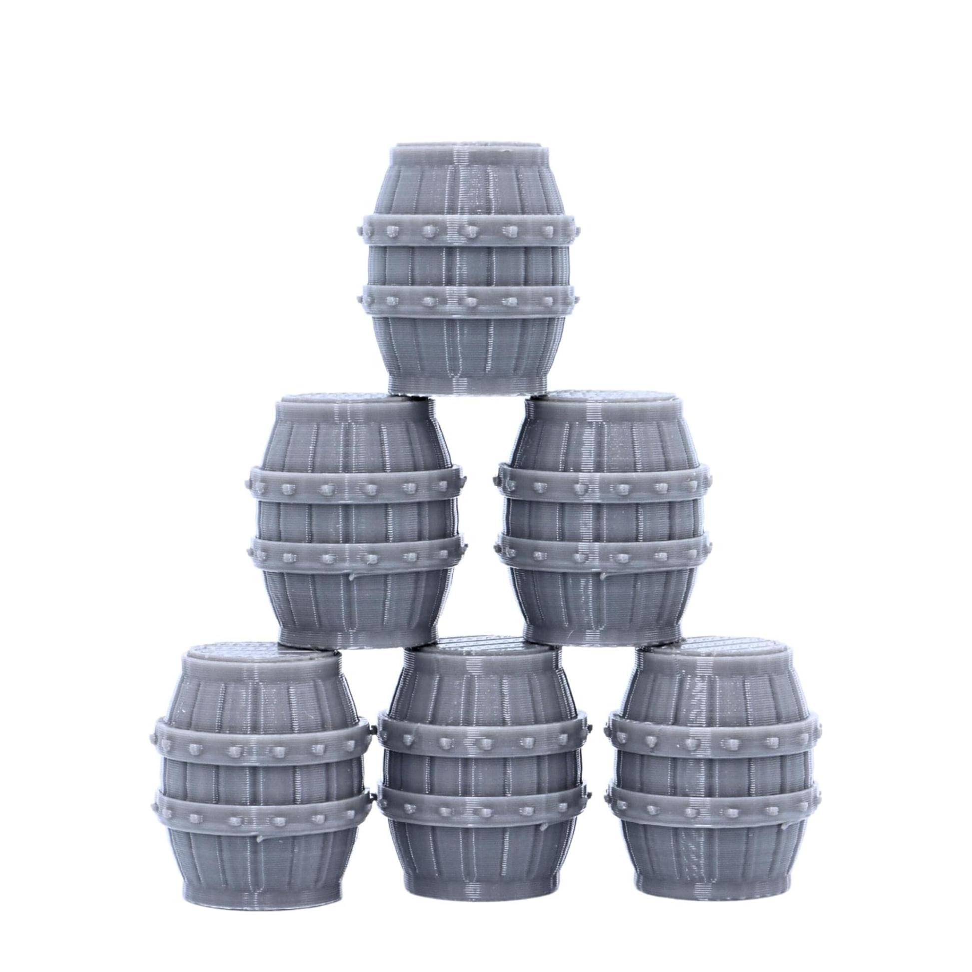Six unpainted barrels stacked in a pyramid formation for tabletop terrain display