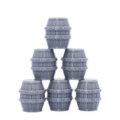Six unpainted barrels stacked in a pyramid formation for tabletop terrain display