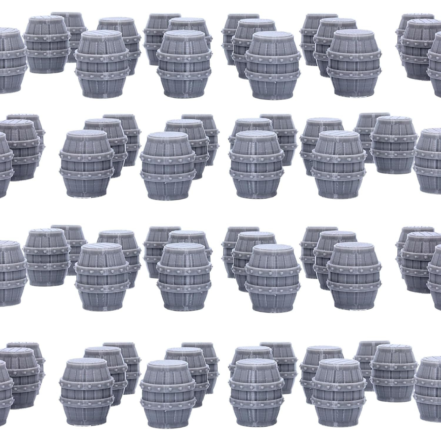 Multiple unpainted resin barrels arranged as tabletop scatter terrain