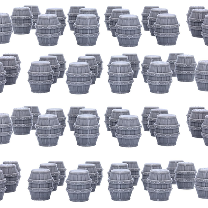 Multiple unpainted resin barrels arranged as tabletop scatter terrain