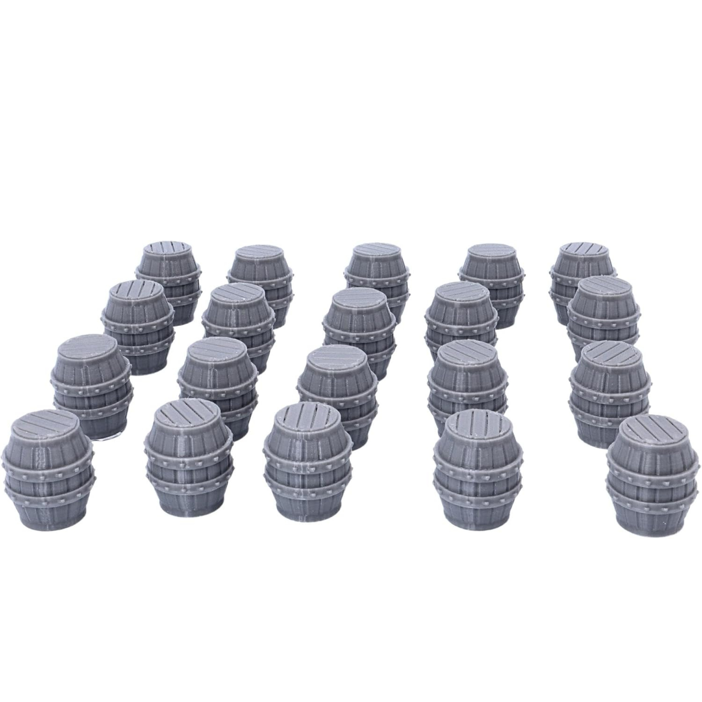 Twenty unpainted barrel terrain pieces laid out for tabletop RPG and wargaming scenery