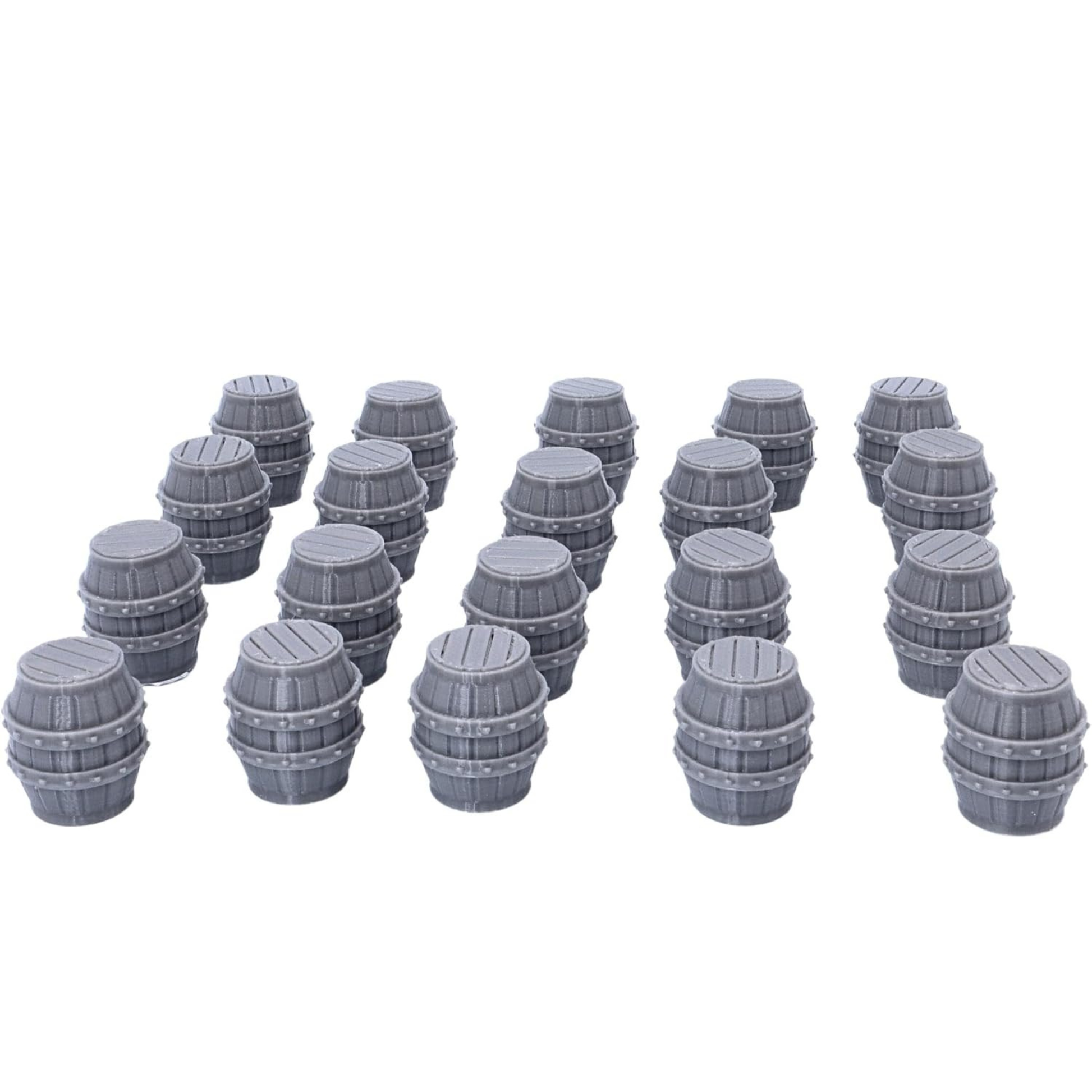 Twenty unpainted barrel terrain pieces laid out for tabletop RPG and wargaming scenery
