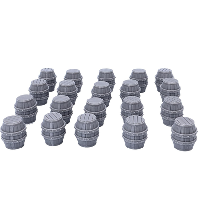 Twenty unpainted barrel terrain pieces laid out for tabletop RPG and wargaming scenery