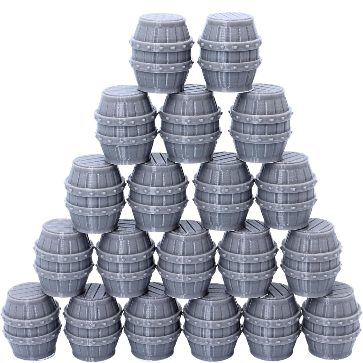 Unpainted resin barrel terrain set arranged in a stacked display