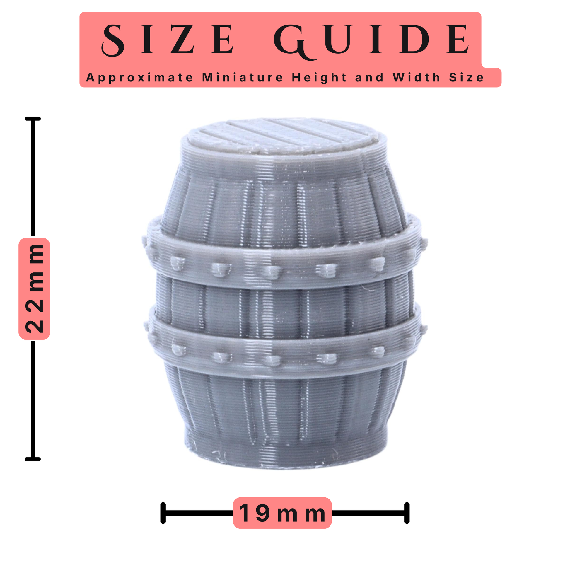 Size guide showing a resin barrel measuring approximately 22mm tall and 19mm wide