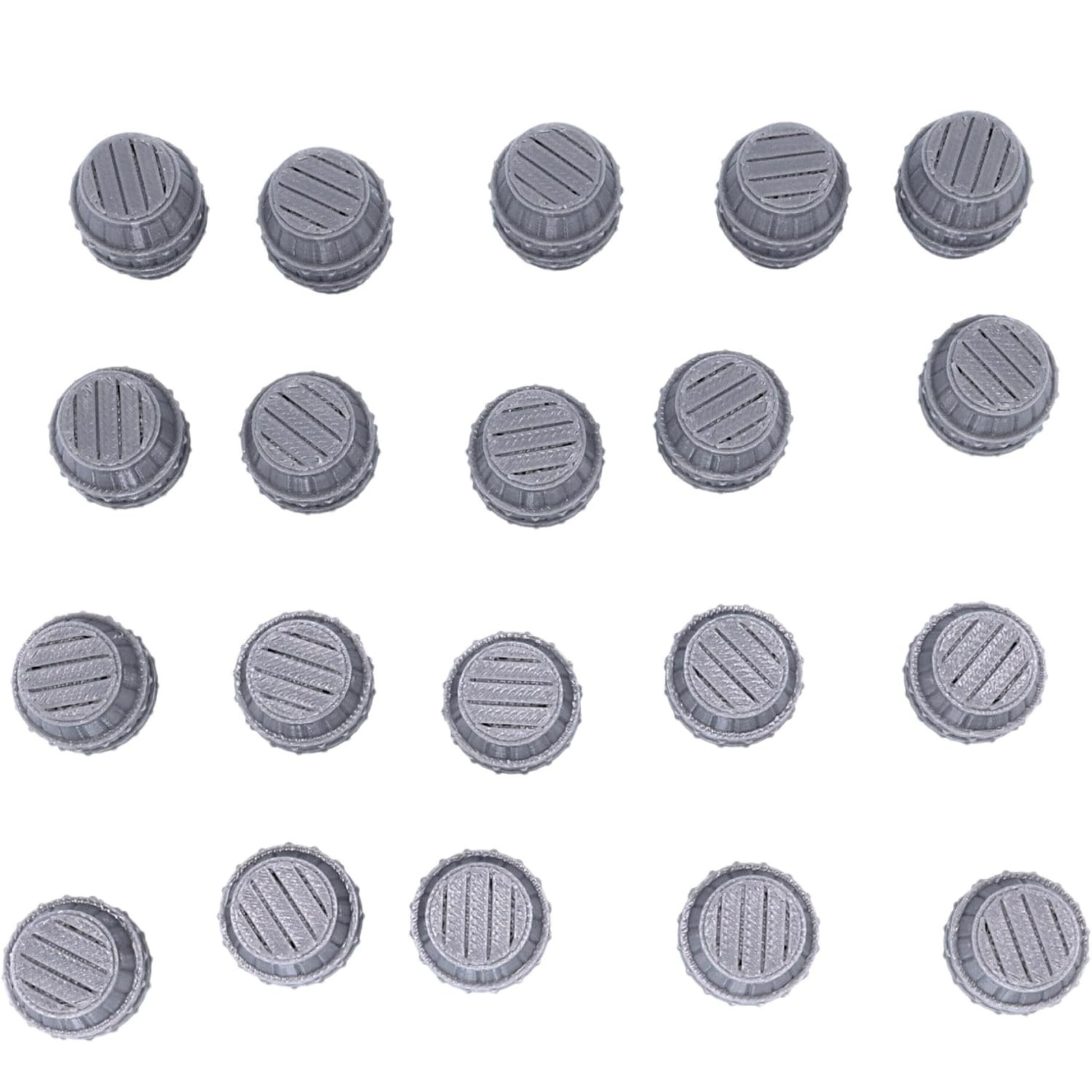 Top-down view of unpainted resin barrels showing plank detail on the lids