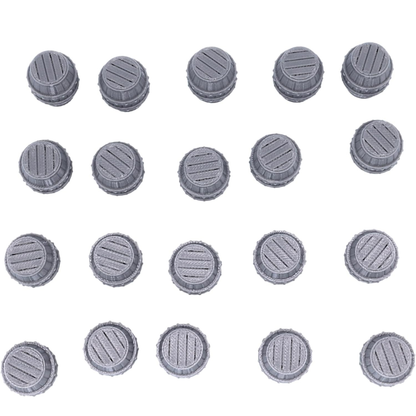 Top-down view of unpainted resin barrels showing plank detail on the lids