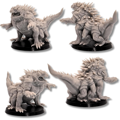 Multi angle display of unpainted Basilisk miniature for tabletop RPG and wargaming encounters
