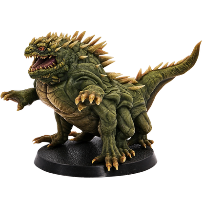 Painted Basilisk miniature with green scales, spiked back, open jaws, and 60mm round base