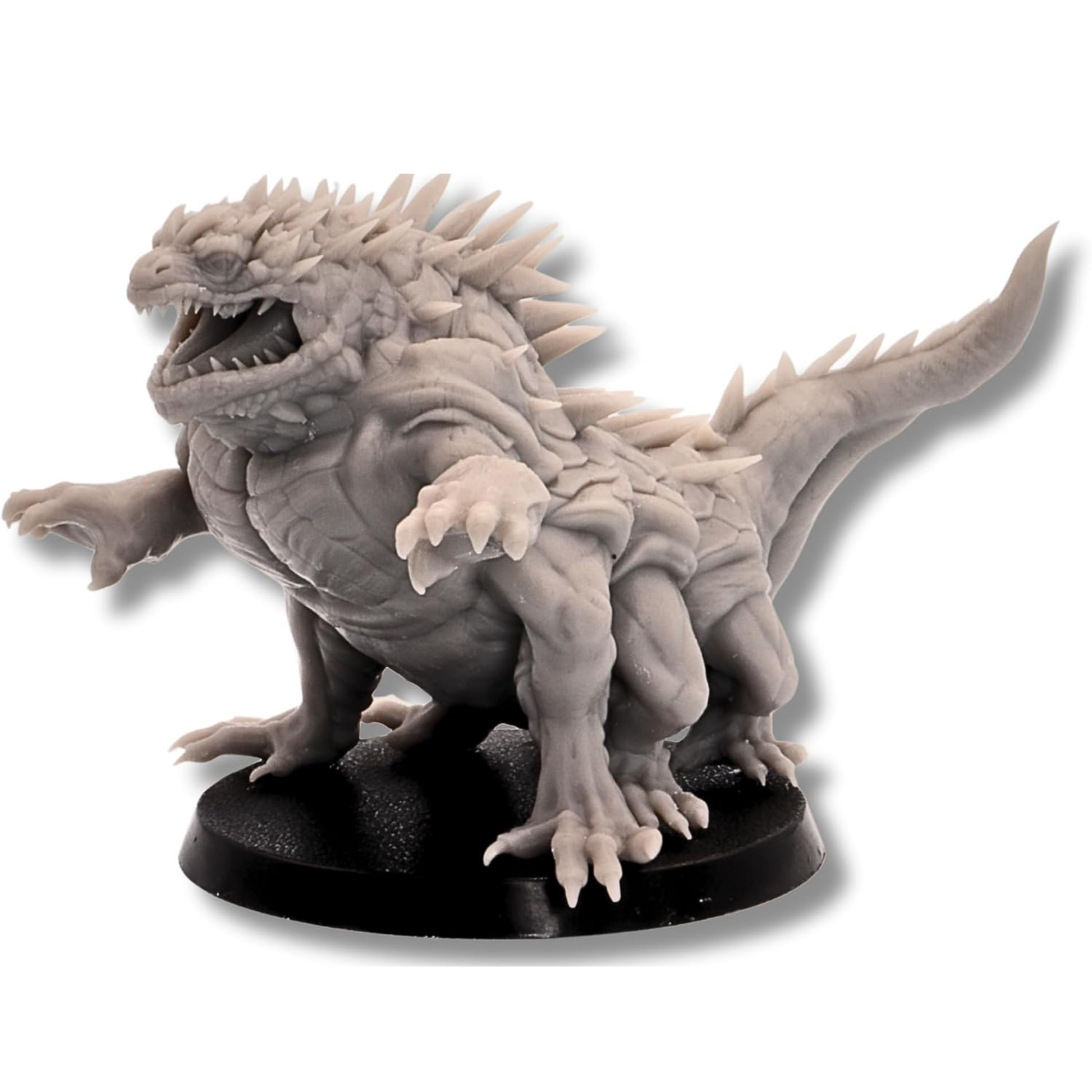 Unpainted Basilisk miniature with open mouth, claws, scales, and dorsal spikes
