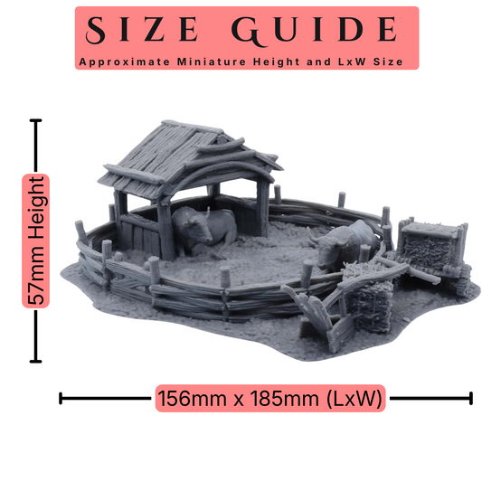 Oxen Enclosure Terrain Set | Farm Pen, 2 Oxen & Accessories | 28mm RPG | Printable Scenery