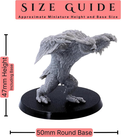 Owlbears set of 3 28mm scale miniatures size guide showing an approximate 47mm height including base and 50mm round base size.