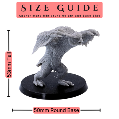 Size guide showing an Owlbear miniature measuring approximately 53mm tall on a 50mm round base.