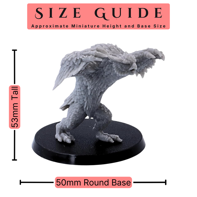 Size guide showing an Owlbear miniature measuring approximately 53mm tall on a 50mm round base.