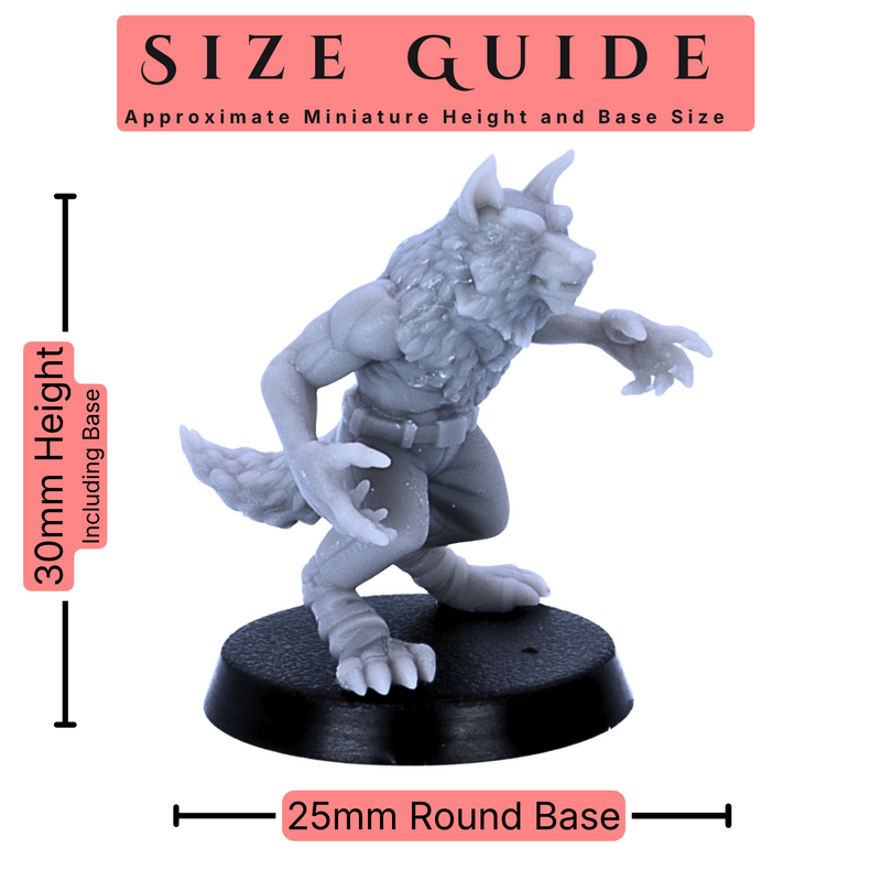 Werewolf Soldiers set of 5 32mm scale miniatures size guide showing an approximate 30mm height including base and 25mm round base size.