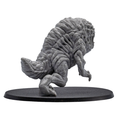 Back angle view of an unpainted Aberration fantasy monster miniature showing detailed organic sculpting, tail section, and oval base.