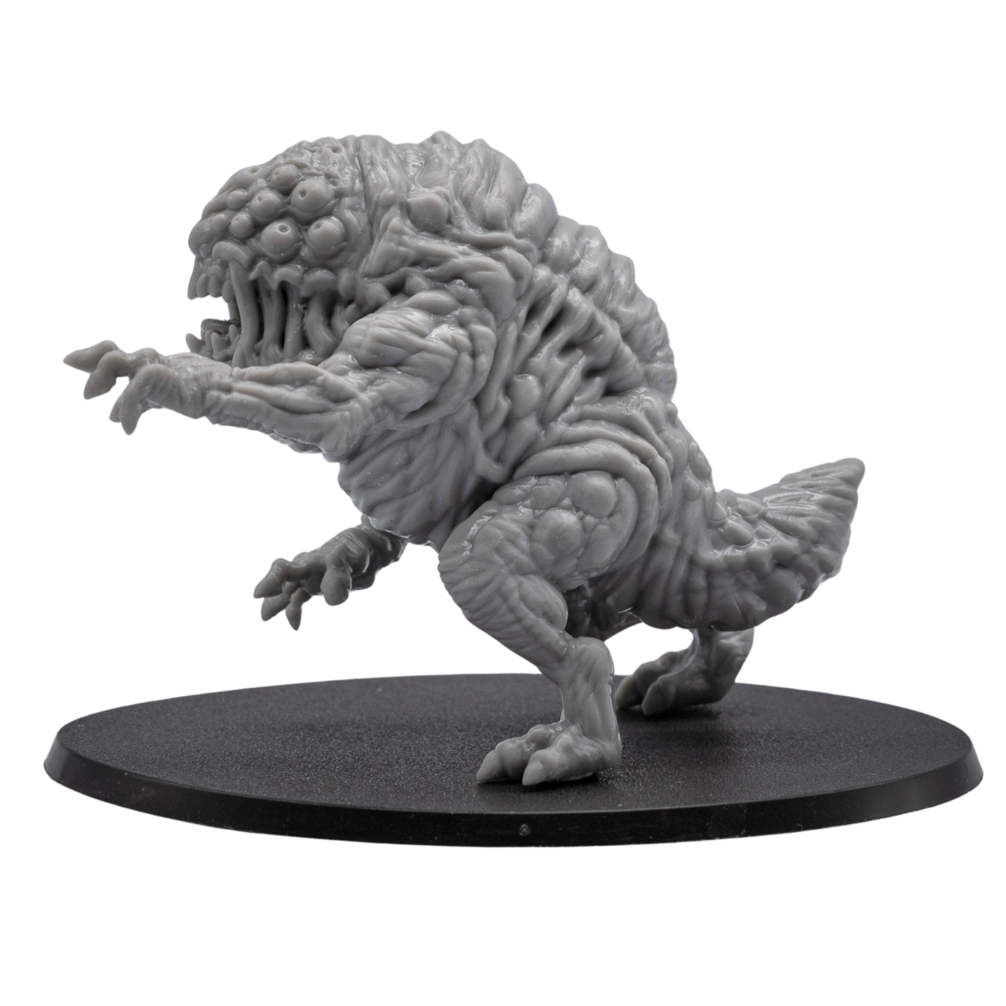 Rear side view of the Aberration miniature showing folded organic textures, thick limbs, tail detail, and 120mm x 92mm oval base.