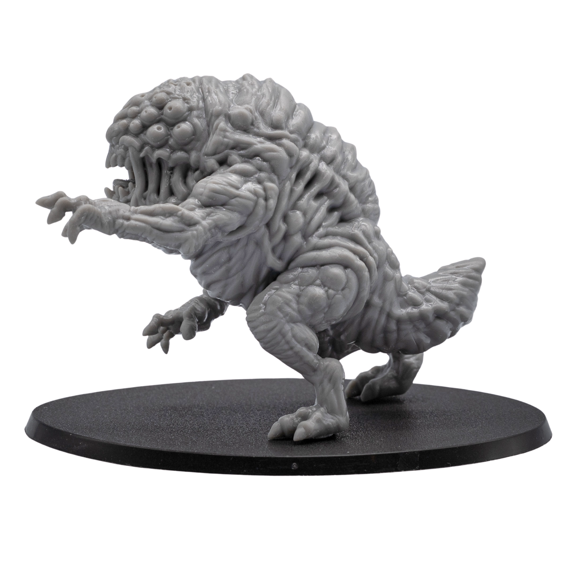 Rear side view of the Aberration miniature showing folded organic textures, thick limbs, tail detail, and 120mm x 92mm oval base.