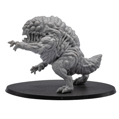 Rear side view of the Aberration miniature showing folded organic textures, thick limbs, tail detail, and 120mm x 92mm oval base.
