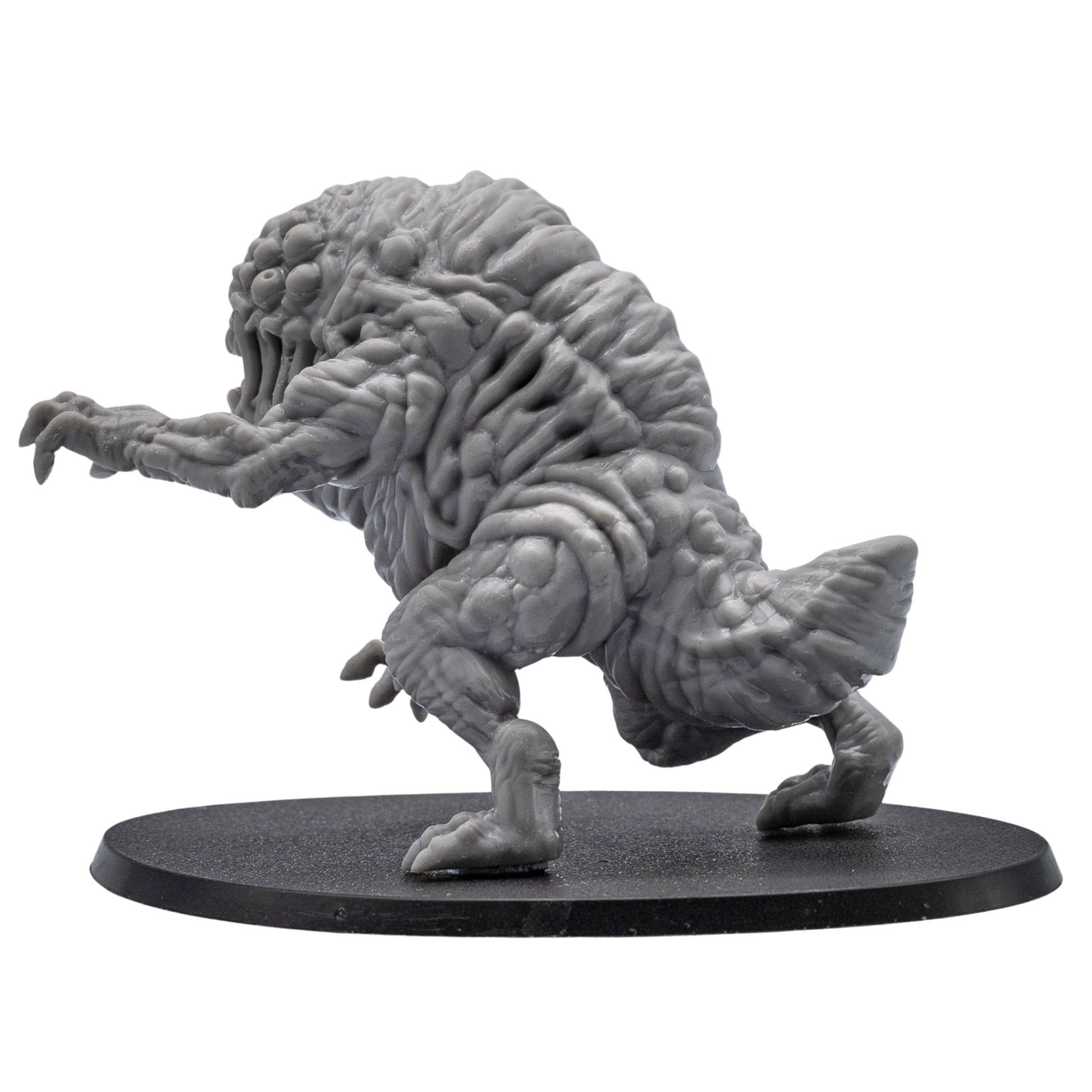 Rear view of an unpainted Aberration resin miniature showing wrinkled back texture, rear limbs, tail, and large oval base.
